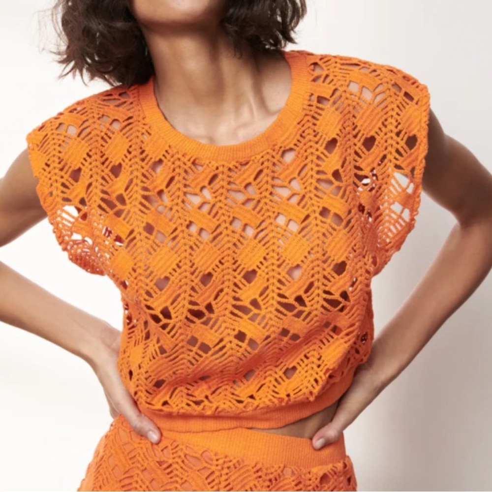 NEW | ZARA Dark Orange Sleeveless Crochet Top